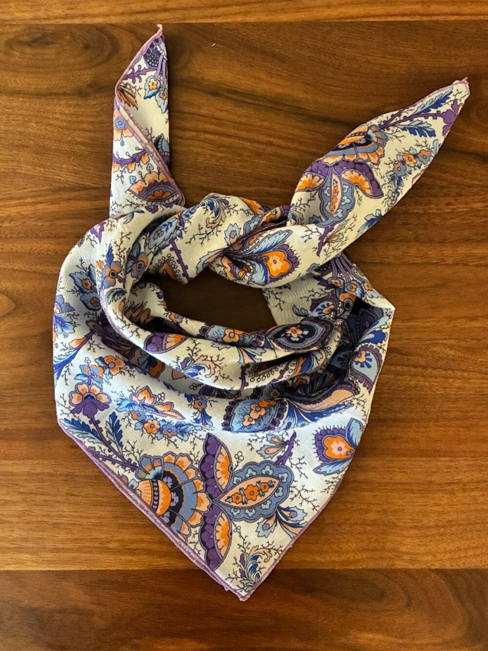 Multi-colored Blue, Purple, and off white printed bandana scarf
